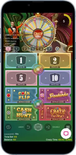 Crazy Time inzetpaneel met nummers en bonusspellen op mobiel