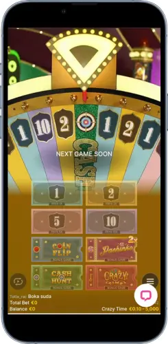 Ruota Crazy Time che mostra i numeri disponibili prima dello spin