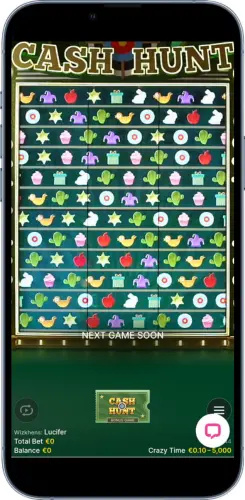 Bonus Cash Hunt di Crazy Time con griglia di simboli sullo schermo mobile