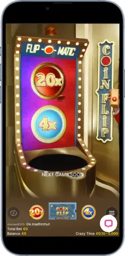Coin Flip-bonus in Crazy Time met 20x en 4x vermenigvuldigers