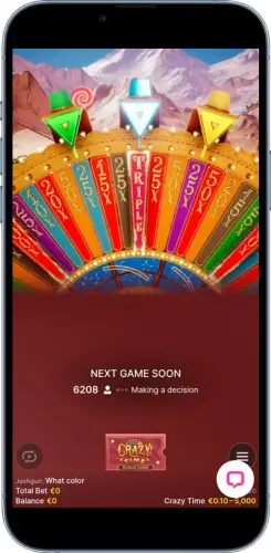 Crazy Time wheel with colored bonus indicators before decision