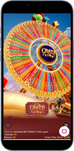 Crazy Time-hoofdwiel volledig zichtbaar op het mobiele scherm