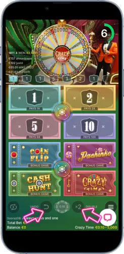 Speler bevestigt het inzetbedrag vóór de start van de Crazy Time-ronde