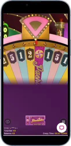 Crazy Time wheel close-up showing numbered segments before spin